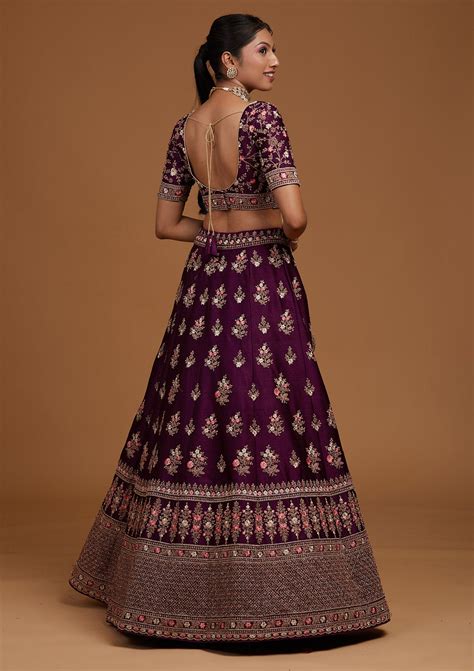 Buy Wine Zariwork Raw Silk Semi Stitched Lehenga - Koskii