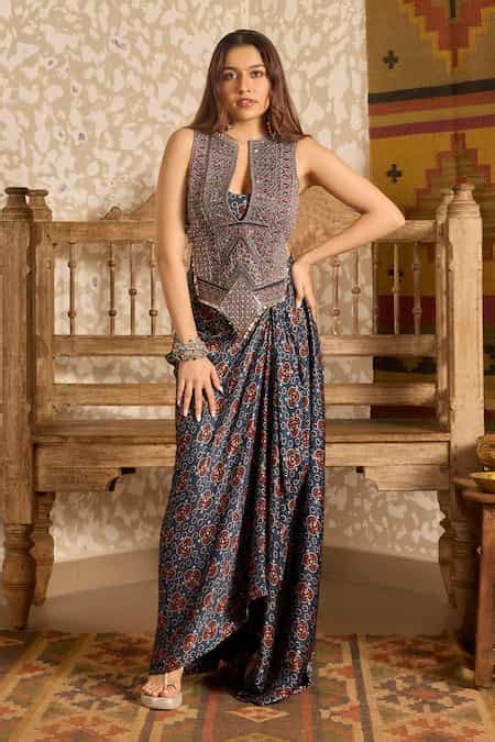 Buy Blue Modal, Satin Embroidery, Tassels Split Ajrakh Print Top And ...