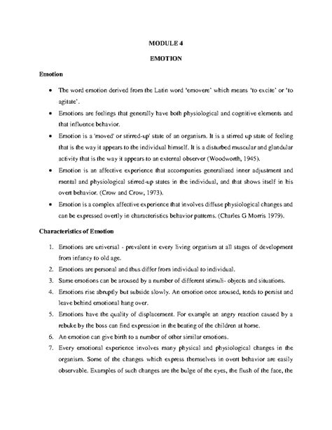 Emotion - study notes - MODULE 4 EMOTION Emotion The word emotion ...