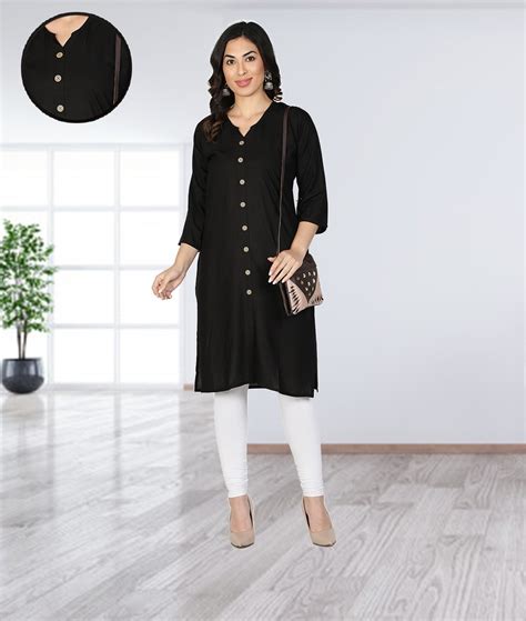 Fabclub Women Rayon Solid Plain Front Slit Straight Kurti (Black) – Fabclub