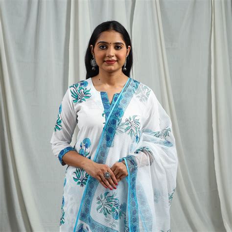 Blue Block Print Cotton Sanganeri Kurta Set
