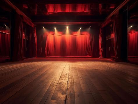 theater stage with red curtain, lighting, wooden floor, insane detail ...
