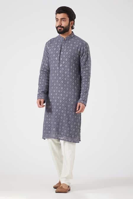 Buy Grey Georgette Chikankari, Sequin And Embroidered Kurta For Men by ...