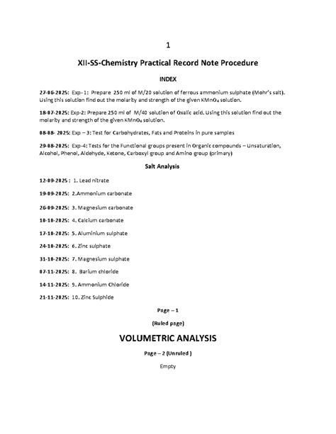 XII-SS-Chemistry Practical Record Note: Volumetric Analysis & Tests ...