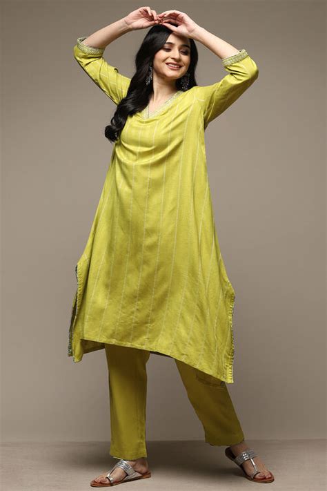 Lime Green Rayon Asymmetric Kurta Pant 2 Piece Set; Combines Kurta ...