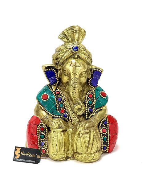 Two Moustaches Gemstone Work Brass Ganesha Playing Tabla Showpiece ...