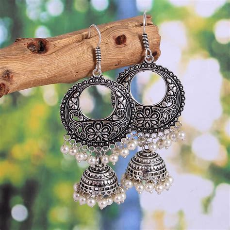 Bollywood Oxidized Silver Plated Handmade Long Jhumka Jhumki Earrings ...