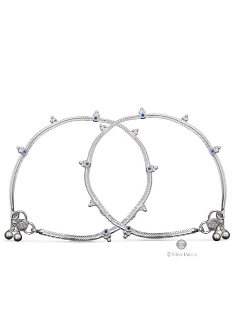 925 Sterling Silver Beads And Blue Stone Anklets For Ladies - Silver Palace