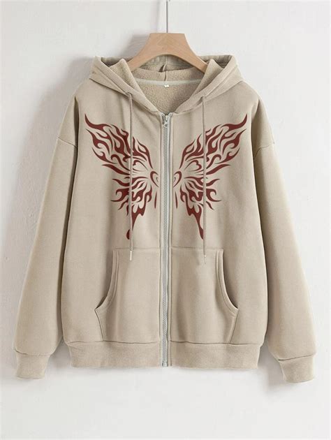 INAWLY Butterfly Print Drop Shoulder Drawstring Zipper Thermal Hoodie ...