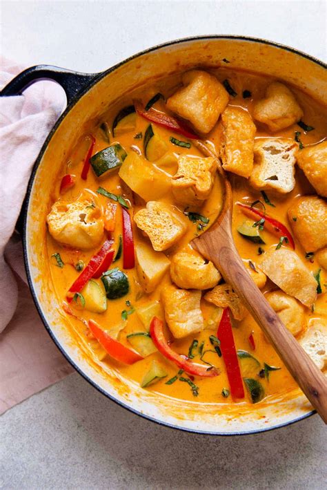Red Curry Vegetables with Tofu Puffs | Lisa Lin