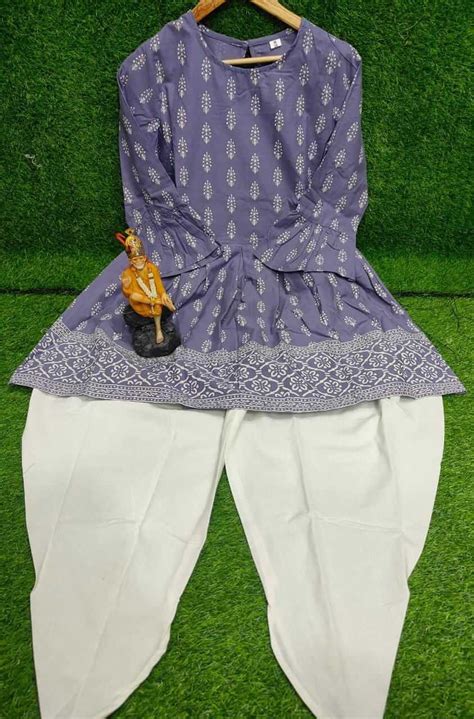 Purple Printed Cotton Top With Off White Dhoti Pant Set