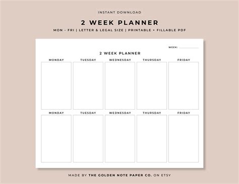 Blank Minimalistic 2 Week Planner, Printable Landscape Schedule ...