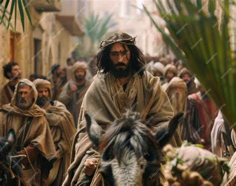 A cinematic movie still of Jesus riding on donkey in ancient Jerusalem ...