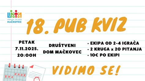 #18 PUB KVIZ, Društveni dom Mačkovec, Varazdin, 7 November 2025 | AllEvents