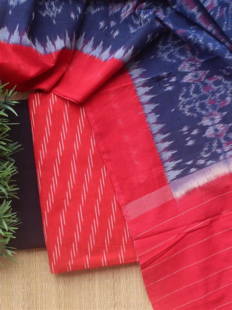 Red and Blue Ikkat Handloom Cotton Dress Material – Weaves of Tradition