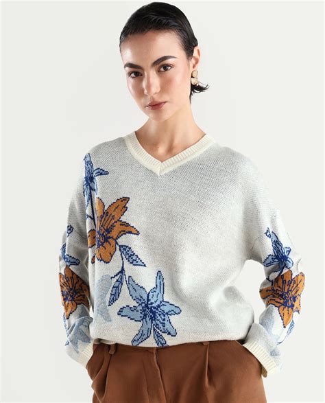 Rareism Women's Cometry Off White Acrylic V-Neck Floral Print Relaxed