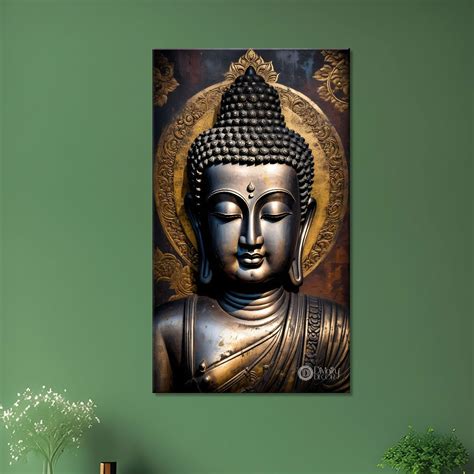 Golden buddha face with grey background textured painting - Buddha-V-3 ...