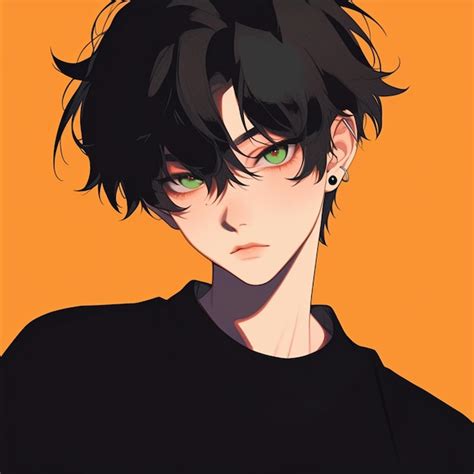 Anime boy with green eyes and black hair in front of an orange ...