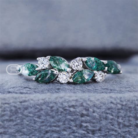 Buy Vintage Marquise Moss Agate Wedding Band 14K White Gold Unique Band ...