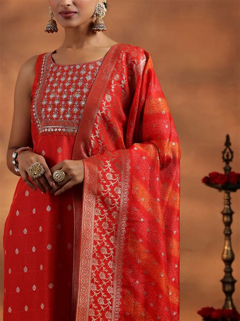 Buy Orange Woven Design Silk Blend Straight Suit With Dupatta Online at ...