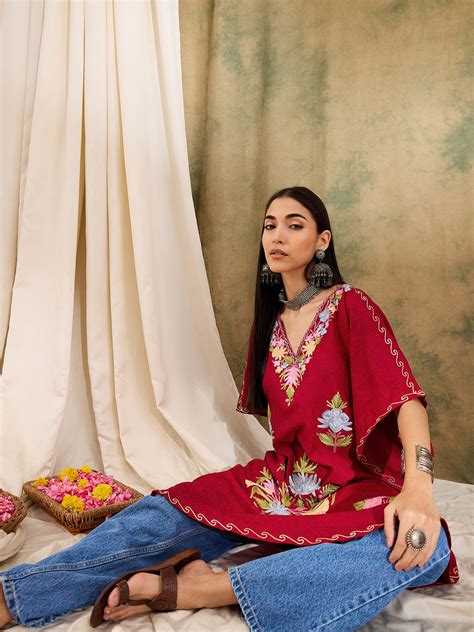 Marsala Red Kashmiri Embroidered Cotton Kaftan for Women