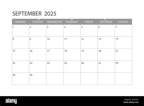Calendar for September 2025. The week starts on Monday Stock Vector ...