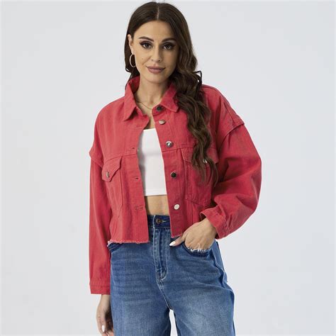 Custom Button Closure Red Color Long Sleeve Oversized Women Denim ...