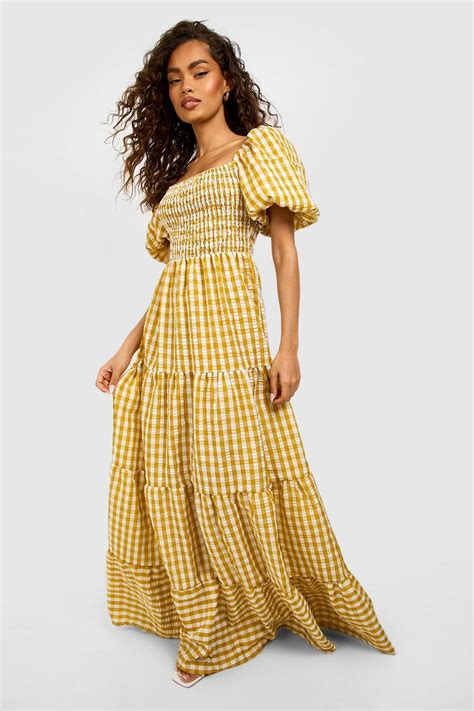 Gingham Puff Sleeve Shirred Maxi Dress | boohoo UK