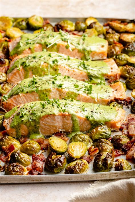 Sheet Pan Green Goddess Salmon with Bacony Brussels Sprouts