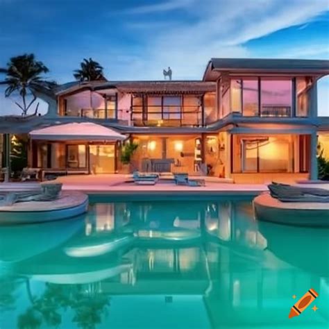 Luxury beach house with putting green, pool, boat on Craiyon