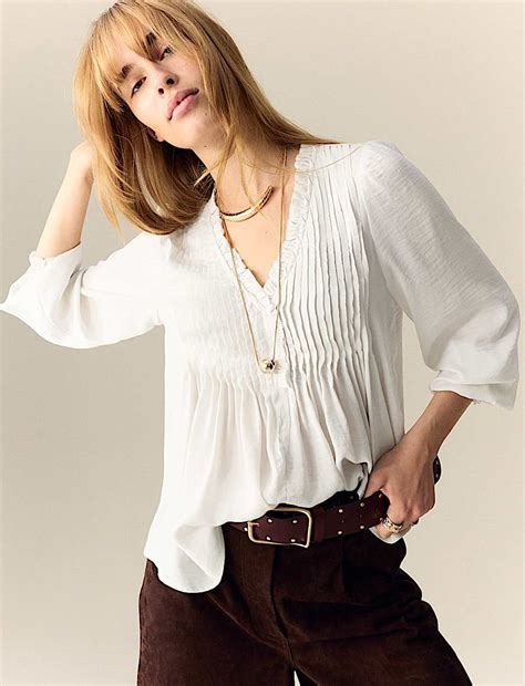 Buy Satin V-Neck Ruffle Pleat Detail Blouse at Marks & Spencer