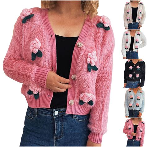 DDAPJ pyju Women's 3D Flowers Embroidered Sweater V-Neck Button Down ...