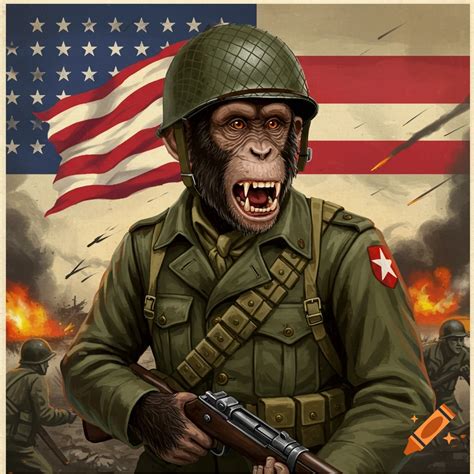 A monkey soldier in a WW2 uniform stands with an American flag against ...
