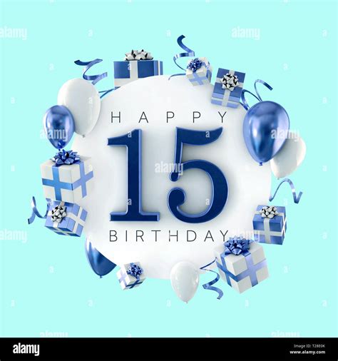 Happy 15th birthday party composition with balloons and presents. 3D ...