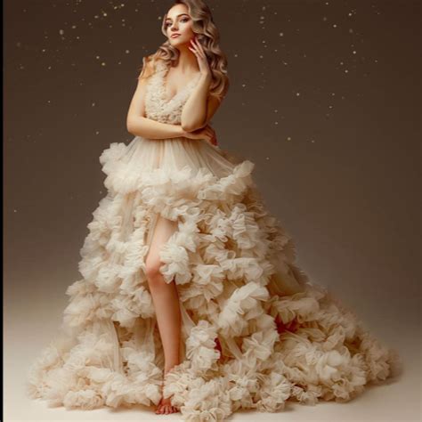 G2011, Cream Ruffled Slit Cut Shoot Trail Gown With Inner Size: All, C ...