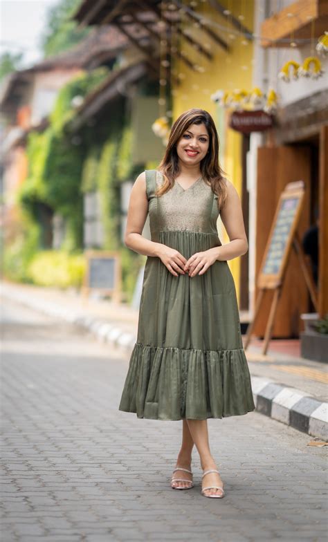 Semi modal silk kurti/dress with brocade yoke in olive green shade MBS ...