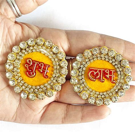 Yellow Color Shubh Labh Round Rhinestones Booti Pack Of 5 Pair For ban ...