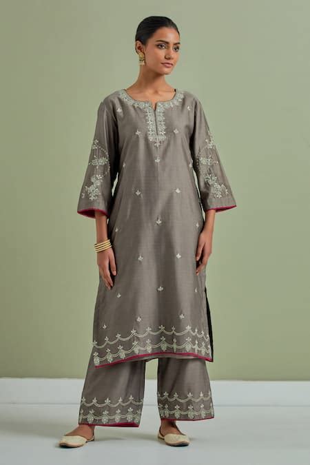 Buy Grey Chanderi Silk Embroidery Round Neck Kurta For Women by Priya ...