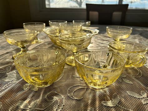 Yellow Depression Glass Sandwich Glass Dishes Bowl Cups Dessert Dishes ...