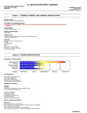 Fillable Online MATERIAL SAFETY DATA SHEET ANTI-SPATTER SPRAY Fax Email ...