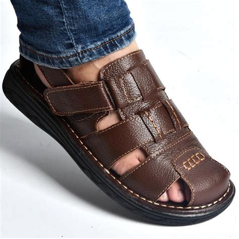 Men's Fashion Genuine Leather Beach Sandals Toe Covers Summer Shoes ...