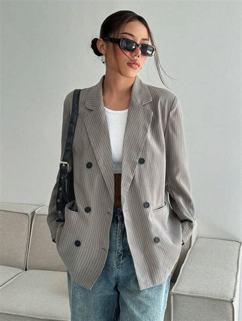 Flirla Loose Fit Double-Breasted Striped Women Blazer | SHEIN USA