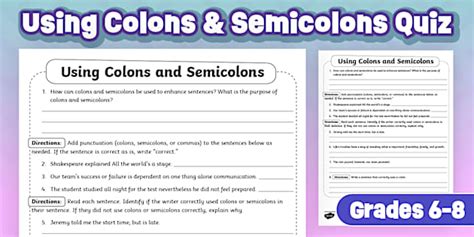 Using Colons and Semicolons Quick Quiz for 6th-8th Grade