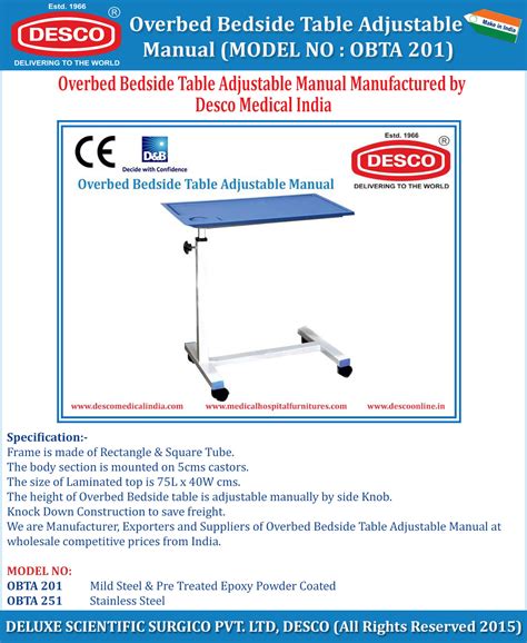 Medical Overbed Bedside Table Adjustable Manual - Manufacturers ...