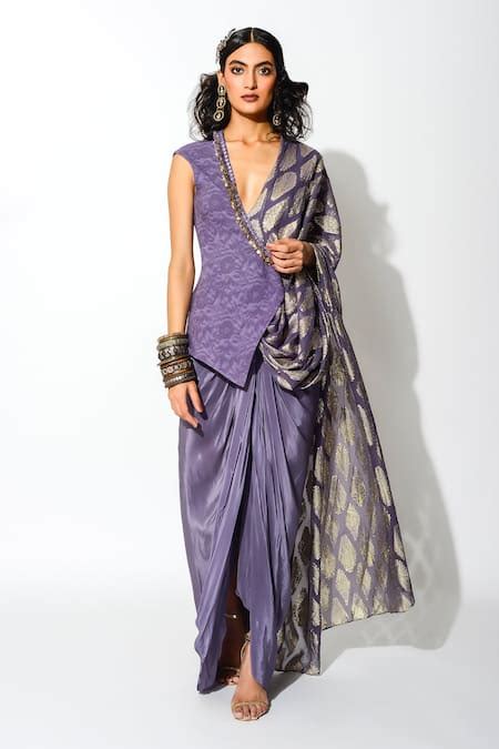 Buy Purple Pre-draped Saree With Half Jacket For Women by Rishi And ...