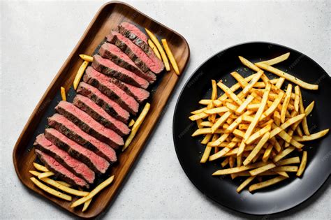 Premium Photo | A plate of steaks and fries on a table