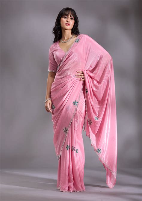 Buy Pink Stonework (Silver) Satin Saree - Koskii