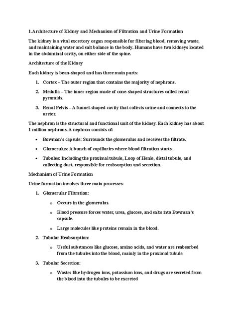 Biology Study Notes: Kidney Architecture & Filtration Mechanisms (4th ...