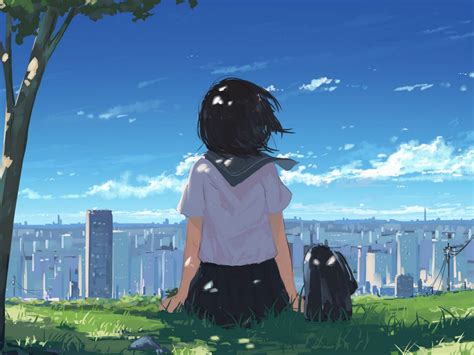 Download wallpaper 1024x768 girl, grass, city, anime, art, cartoon ...