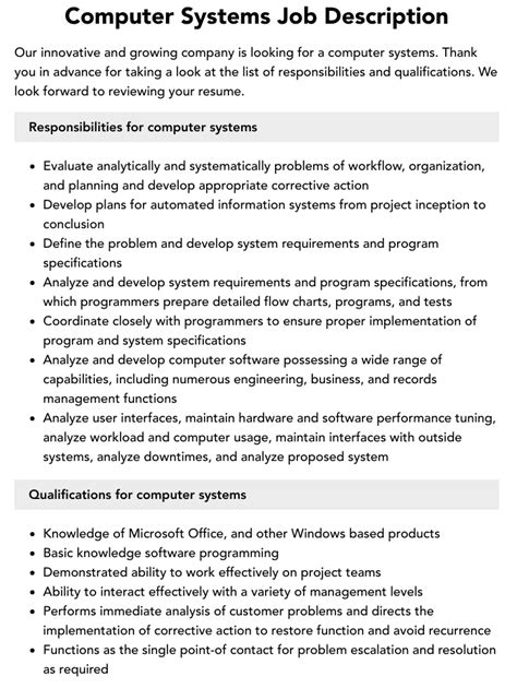 Image result for Computer Systems Job Description